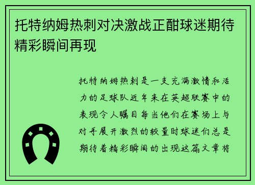 托特纳姆热刺对决激战正酣球迷期待精彩瞬间再现